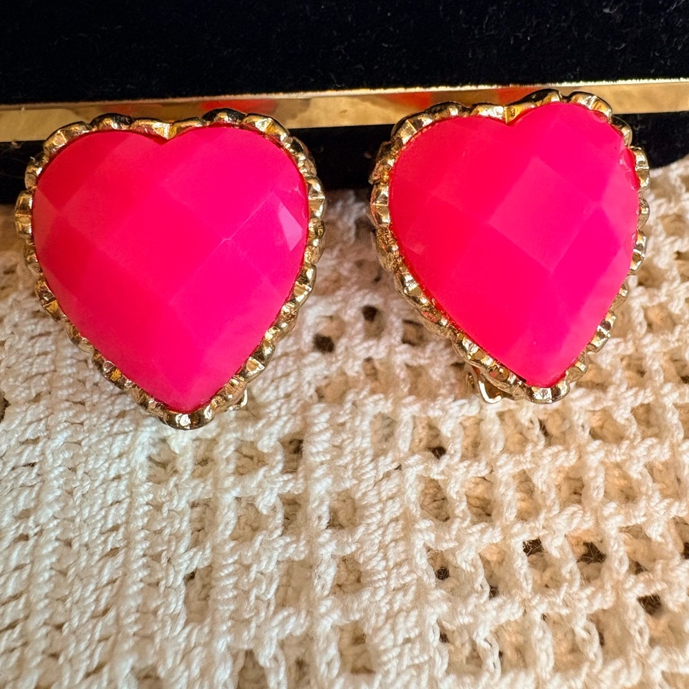 Vibrant Pink Heart Earrings with Gold Trim - Vintage Clip Ons